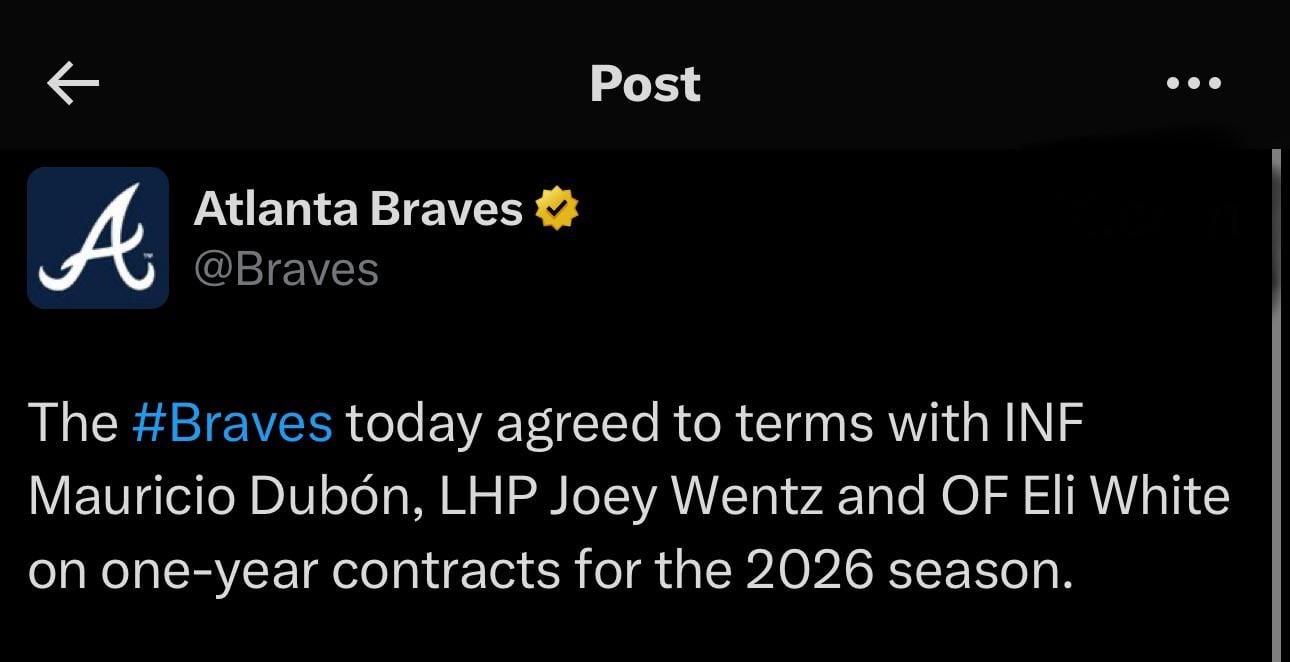 The #Braves today agreed to terms with INF Mauricio Dubón, LHP Joey Wentz and OF Eli White on one-year contracts for the 2026 season.