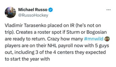 Tarasenko placed on IR.  Sturm and Bogosian are close to returning