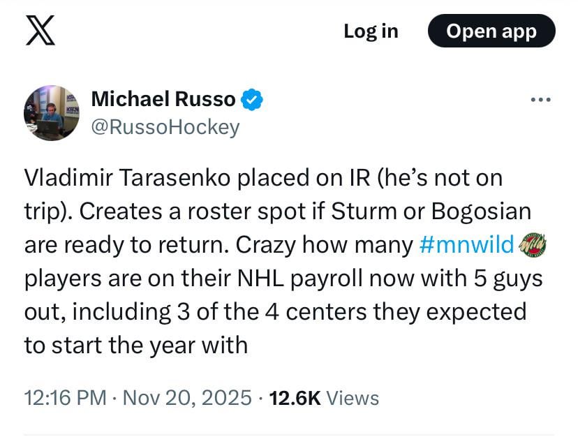 Tarasenko placed on IR.  Sturm and Bogosian are close to returning