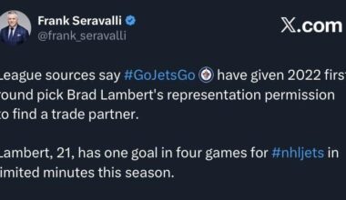 [Seravalli] League sources say Jets have given 2022 first round pick Brad Lambert's representation permission to find a trade partner.