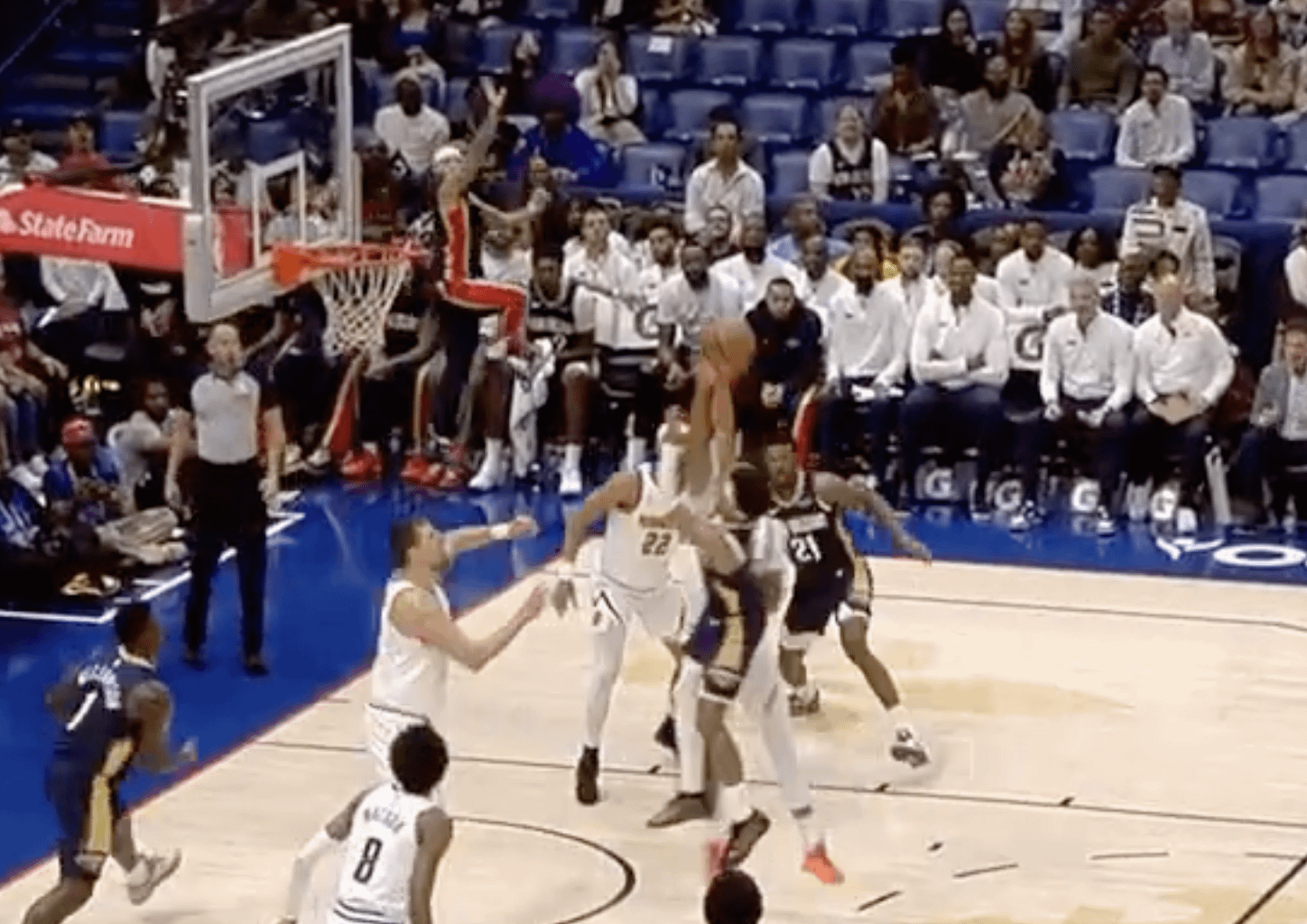 When Fears gets the ball at the top of the key, Alvarado gets out of his seat and acts out what Jeremiah is supposed to do