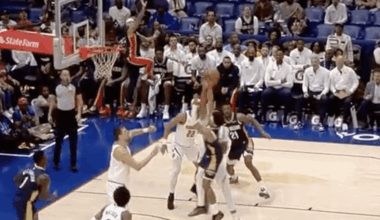 When Fears gets the ball at the top of the key, Alvarado gets out of his seat and acts out what Jeremiah is supposed to do