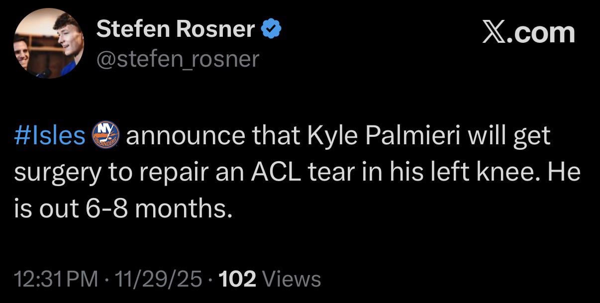 [Rosner] #Isles announce that Kyle Palmieri will get surgery to repair an ACL tear in his left knee. He is out 6-8 months.