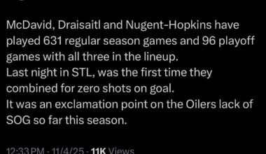 [Gregor] McDavid, Draisaitl and Nugent-Hopkins have played 631 regular season games and 96 playoff games with all three in the lineup.
Last night in STL, was the first time they combined for zero shots on goal.