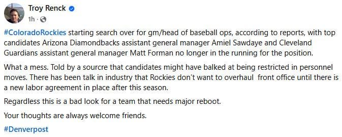 Renck: Told by a source that candidates might have balked at being restricted in personnel moves. There has been talk in industry that Rockies don't want to overhaul front office until there is a new labor agreement in place