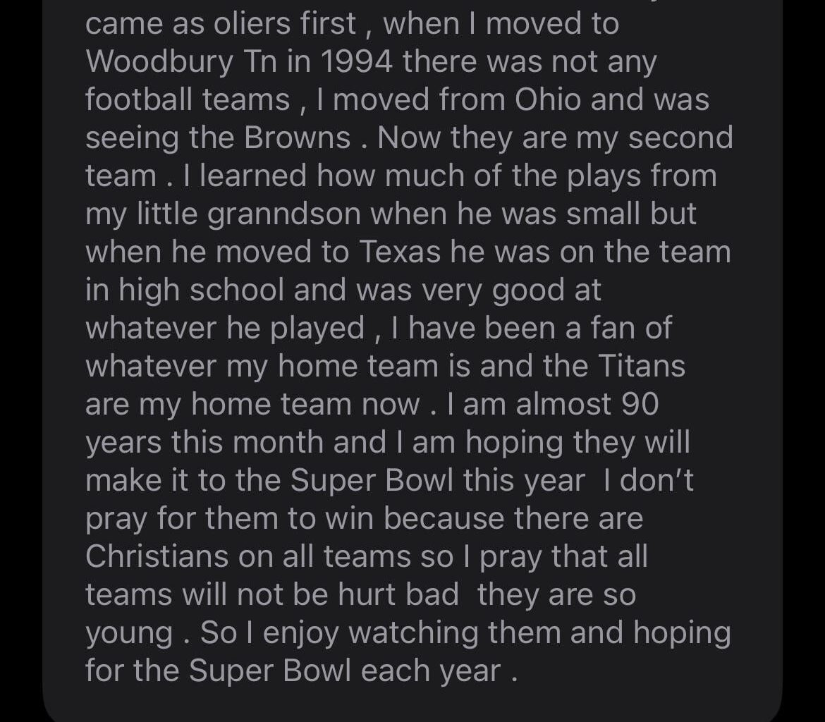 I hope bobbiewalbi is doing great. Sorry that the Titans are disappointing you Bobbie