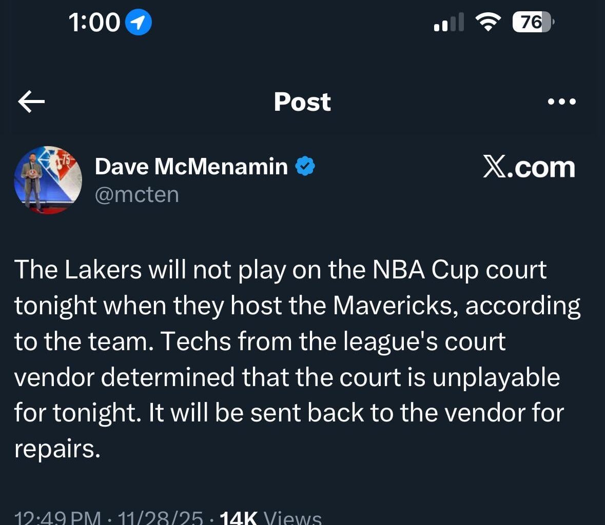 The Lakers will not play on the NBA Cup court tonight when they host the Mavericks, according to the team. Techs from the league's court vendor determined that the court is unplayable for tonight. It will be sent back to the vendor for repairs.