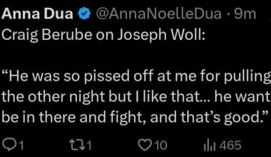 [Anna Dua] Craig Berube on Joseph Woll: “He was so pissed off at me for pulling him the other night but I like that… he wanted to be in there and fight, and that’s good.”