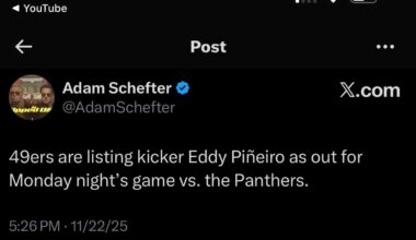 [Schefter] 49ers are listing kicker Eddy Piñeiro as out for Monday night’s game vs. the Panthers.