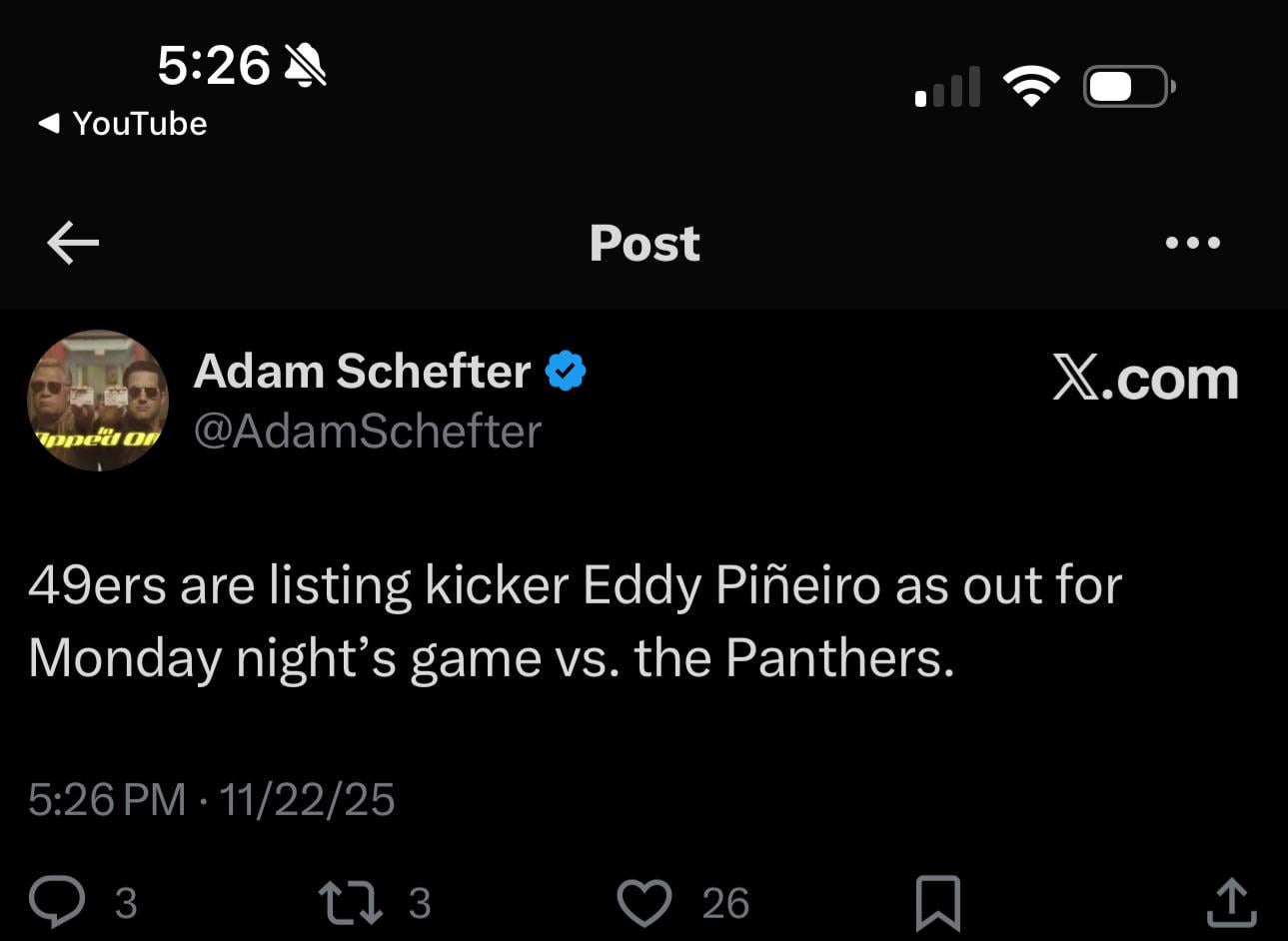 [Schefter] 49ers are listing kicker Eddy Piñeiro as out for Monday night’s game vs. the Panthers.