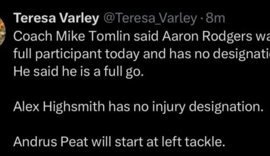 [Varley] Tomlin says Rodgers will start vs Buffalo. Highsmith also has no injury designation. Peat to start at LT.