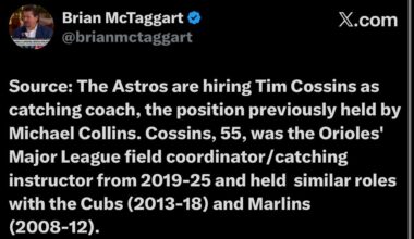 Source: The Astros are hiring Tim Cossins as catching coach, the position previously held by Michael Collins.
