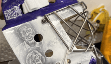 Juice's Hockey Fights Cancer mask featuring Craig “Partner” Baugh, Shelia Crisp, Lexie Rogers, and Erin Daunic.