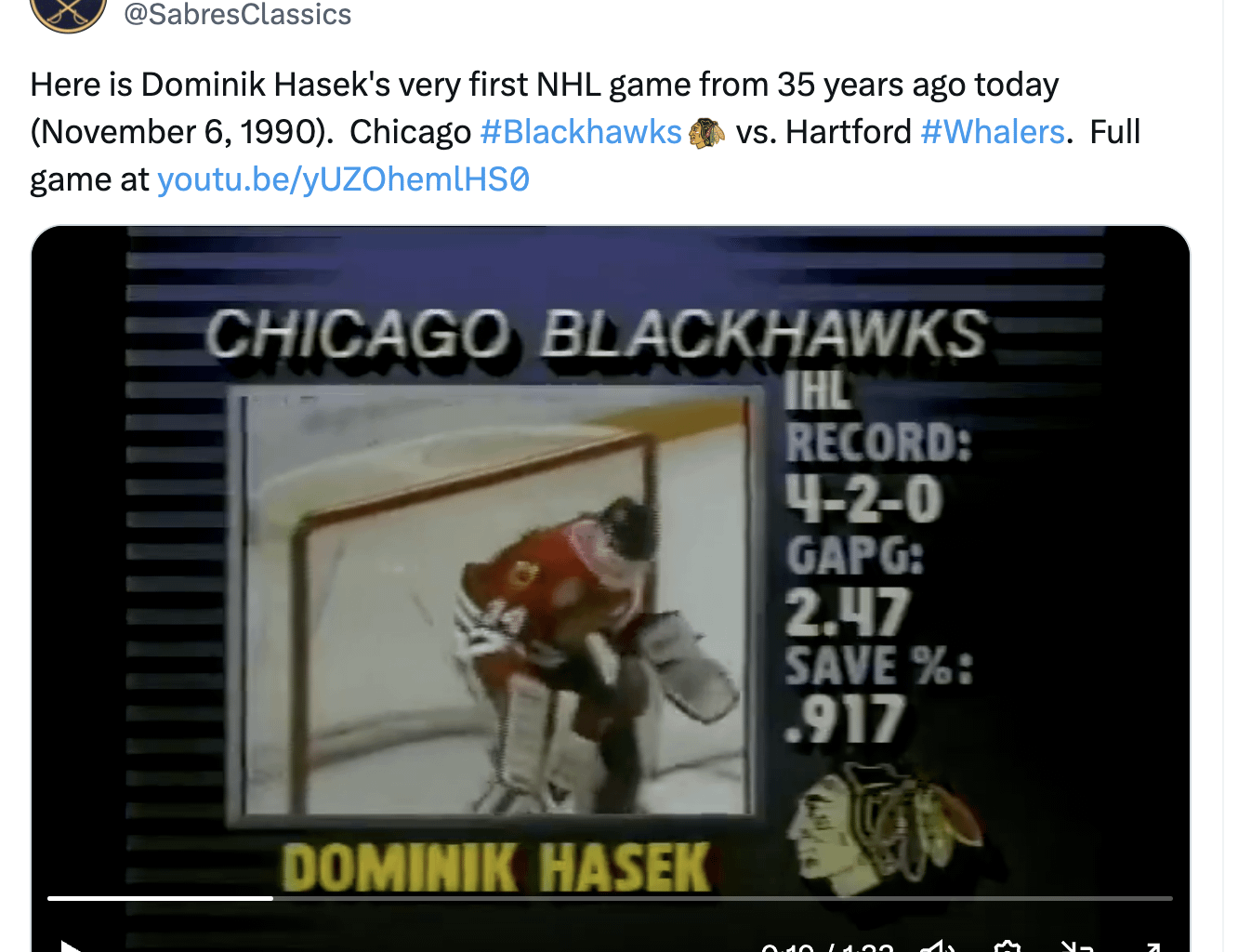 [SabresClassics] Here is Dominik Hasek's very first NHL game from 35 years ago today (November 6, 1990). Chicago Blackhawks vs. Hartford Whalers. Full game at: