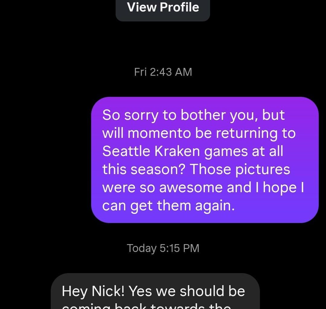 MyMemento will be returning to Kraken games mid-November, per their Instagram account.