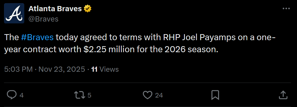 [Braves] The #Braves today agreed to terms with RHP Joel Payamps on a one-year contract worth $2.25 million for the 2026 season.