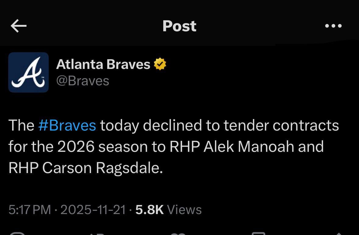 [Braves] The #Braves today declined to tender contracts for the 2026 season to RHP Alek Manoah and RHP Carson Ragsdale.