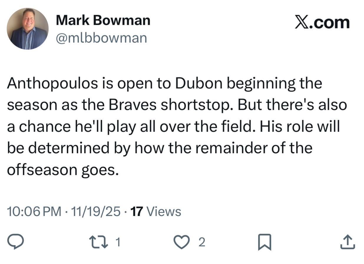[Bowman] Anthopoulos is open to Dubon beginning the season as the Braves shortstop. But there's also a chance he'll play all over the field. His role will be determined by how the remainder of the offseason goes.