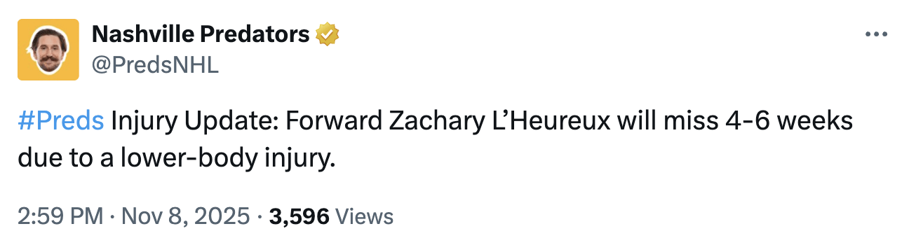 [Nashville Predators] Injury Update: Forward Zachary L’Heureux will miss 4-6 weeks due to a lower-body injury.