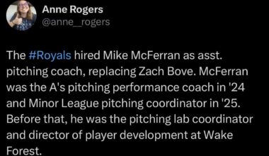 [Rogers] “ The #Royals hired Mike McFerran as asst. pitching coach, replacing Zach Bove.”
