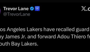 [Lane] The Los Angeles Lakers have recalled guard Bronny James Jr. and forward Adou Thiero from the South Bay Lakers