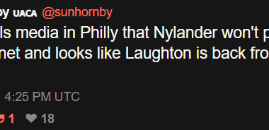 [Hornby] Berube tells media in Philly that Nylander won't play tonight. Stolarz in net and looks like Laughton is back from injury vs. his old team.