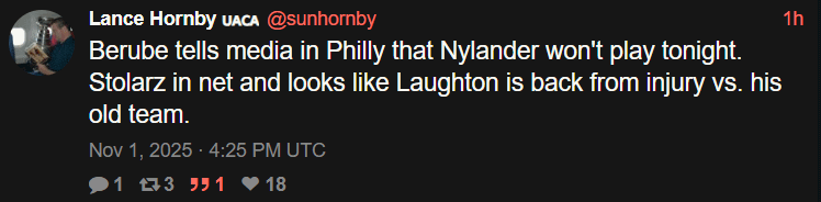 [Hornby] Berube tells media in Philly that Nylander won't play tonight. Stolarz in net and looks like Laughton is back from injury vs. his old team.