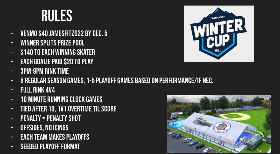 Looking for 3 more goalies and any amt of players for Selden ball hockey tournament!