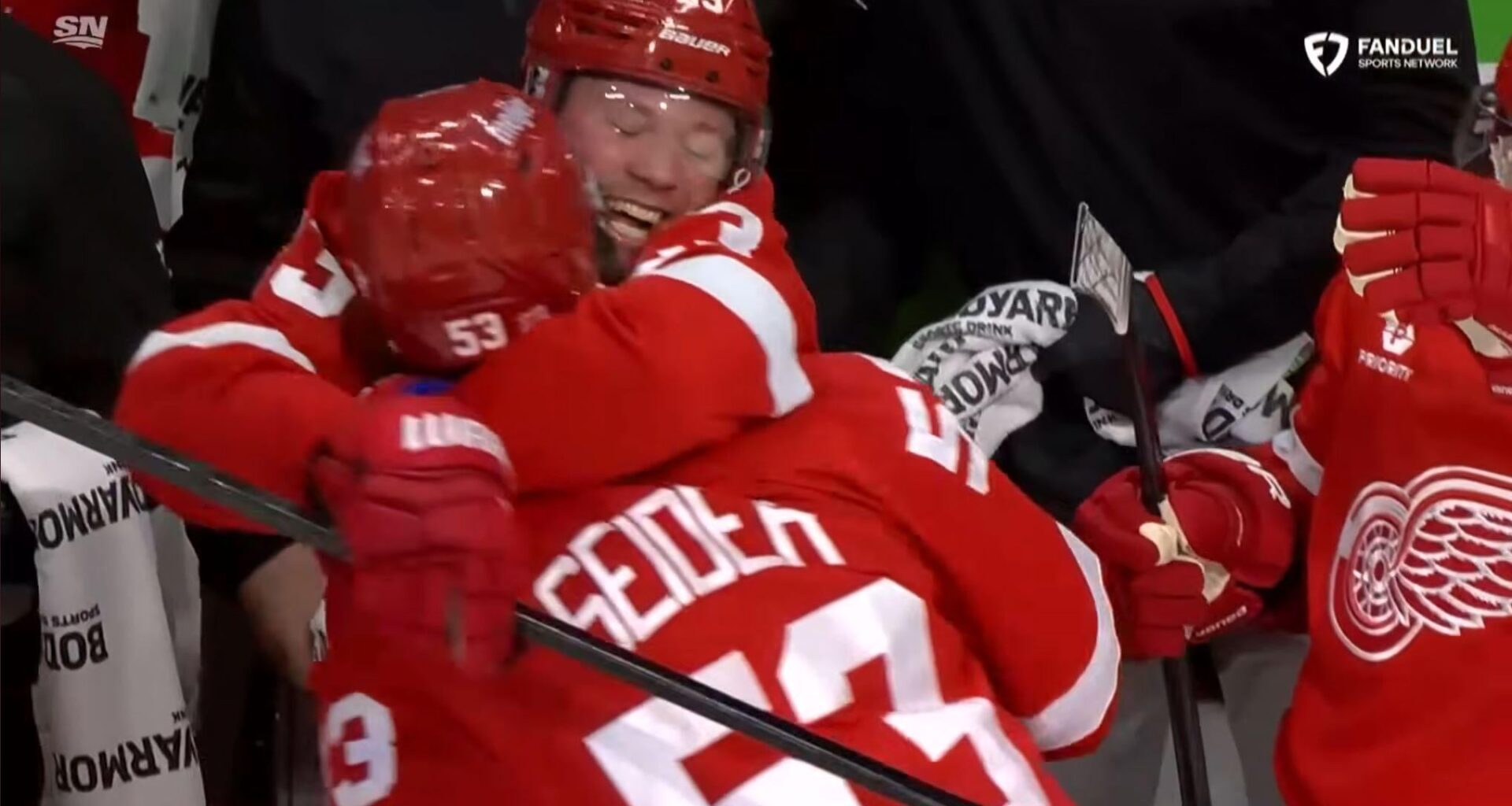 After Seider scored the tying goal today, he skated straight to the bench for hugs with Raymond