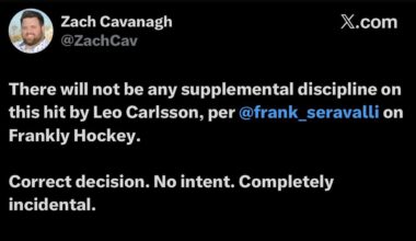 [Cavanagh] There will not be any supplemental discipline on this hit by Leo Carlsson, per @frank_seravalli on Frankly Hockey.