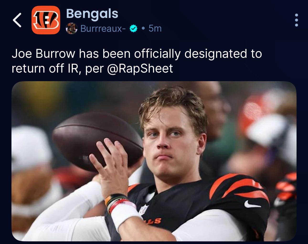 Ian Rapoport: “Joe Burrow has been officially designated to return off IR, per the wire.”