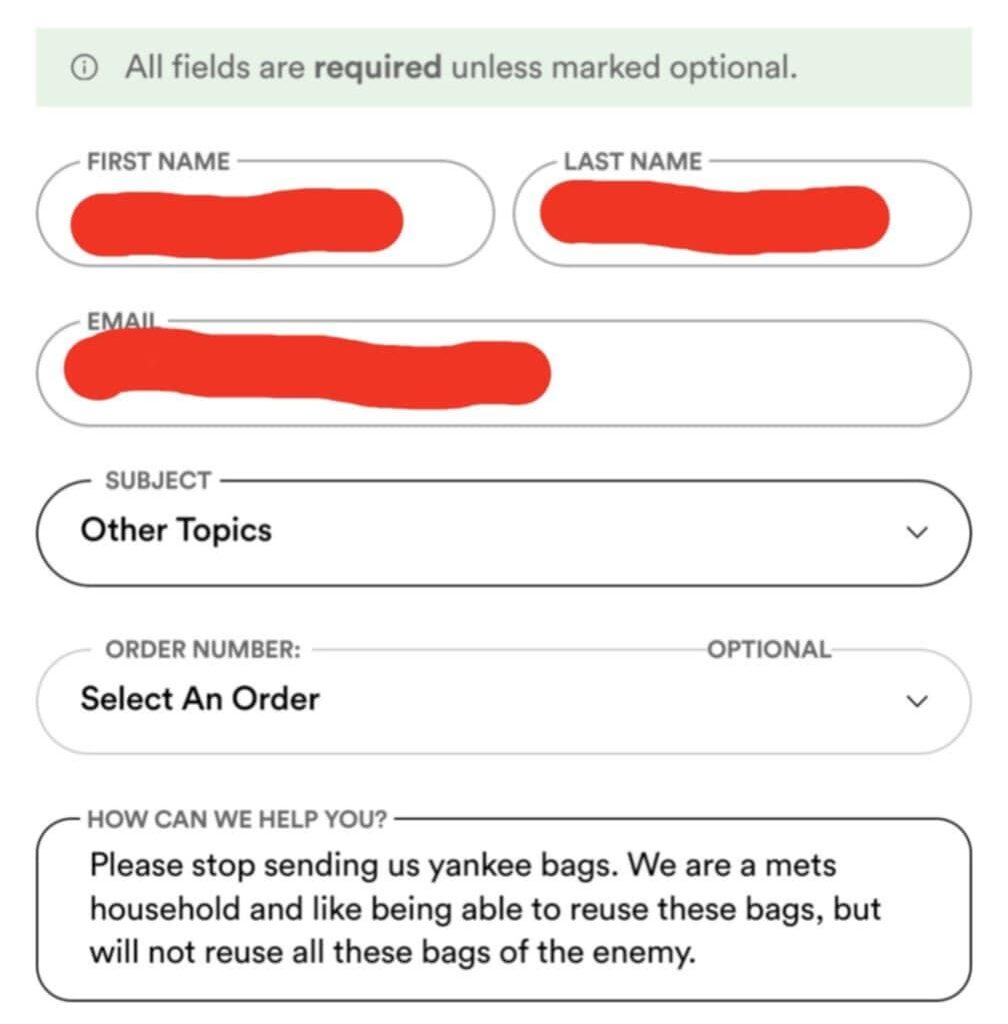 My support message to FreshDirect cause I got sick of their yankee branded bags