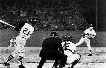 Pirates legend Roberto Clemente batting against Dodgers ace Don Drysdale at Dodger Stadium. Clemente faced Drysdale the most of any pitcher.