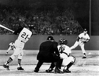 Pirates legend Roberto Clemente batting against Dodgers ace Don Drysdale at Dodger Stadium. Clemente faced Drysdale the most of any pitcher.
