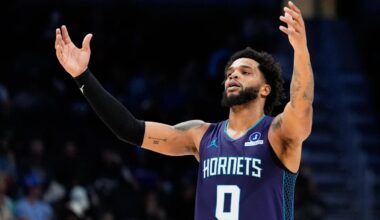Charlotte Hornets forward Miles Bridges celebrates after scoring against the Milwaukee Bucks during the second half of an NBA basketball game Wednesday, Nov. 12, 2025, in Charlotte, N.C. (AP Photo/Chris Carlson)