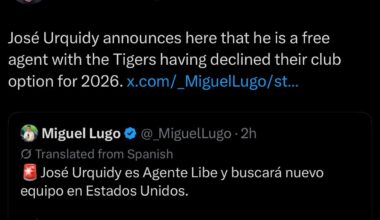 José Urquidy announces here that he is a free agent with the Tigers having declined their club option for 2026.