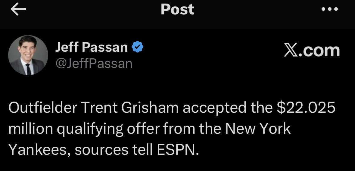 Trent Grisham accepts the QO one more OF off the board