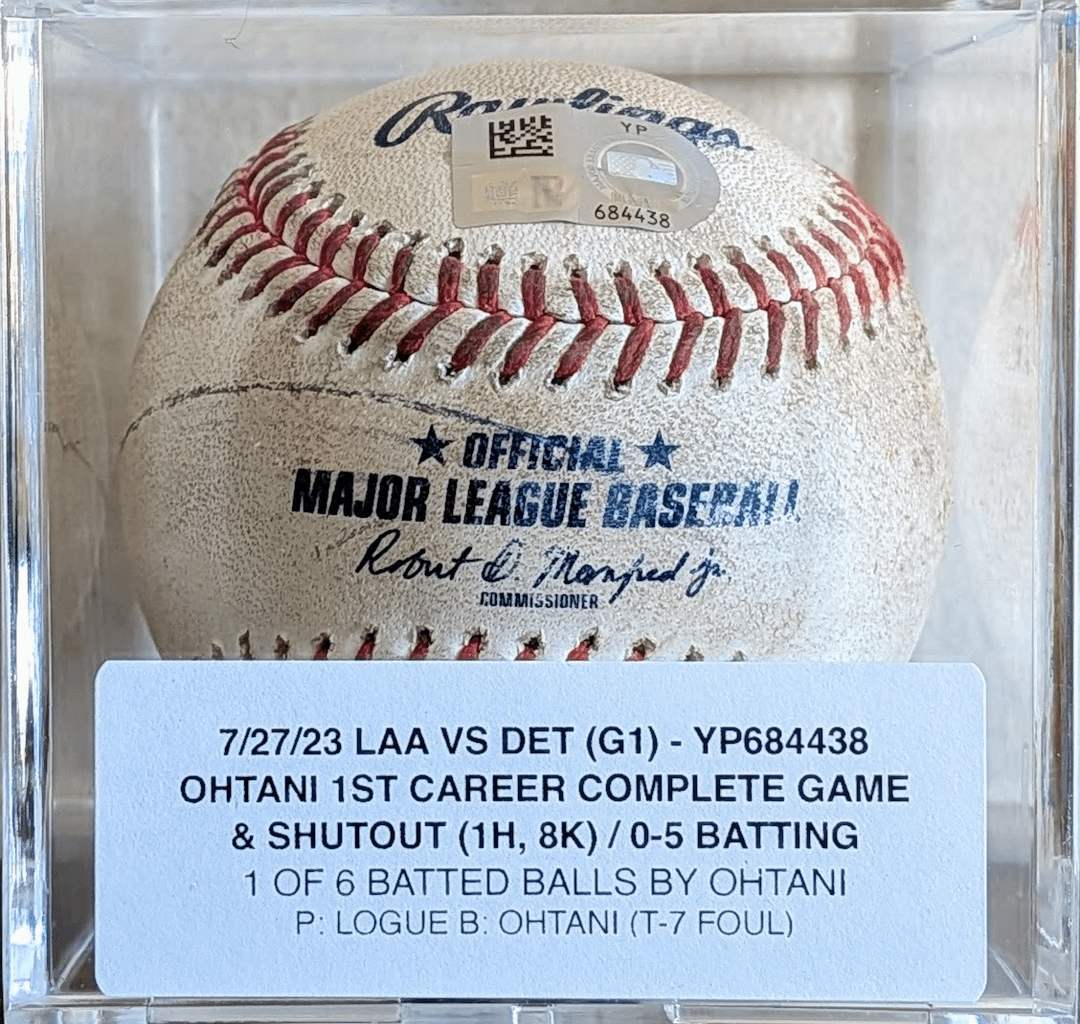 Game-used fouled ball by Shohei Ohtani in his 1st career complete game shutout on July 27th 2023 Angels vs Tigers. This was a historic day, being a doubleheader, Shohei was the starting pitcher in G1 to get his 1st career CG shutout, gave up 1 hit and struck out 8.  And in G2 the same day, he smash