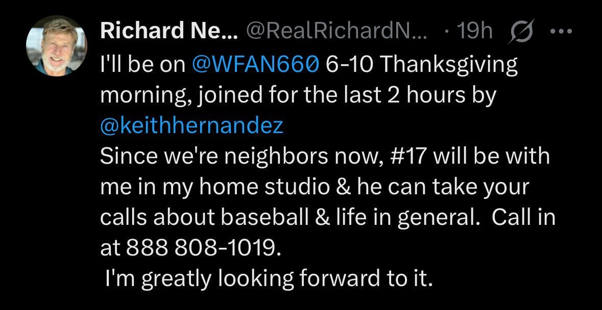 Keith will be on w/ Richard Neer 8-10AM Thanksgiving morning