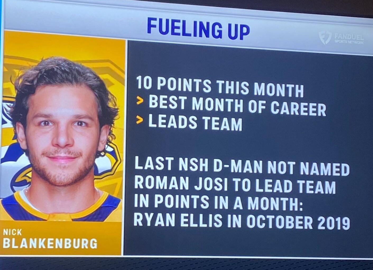 Nick Blankenburg is the first Nashville defenseman to have more points than Roman Josi in a month since Ryan Ellis did it October 2019.
