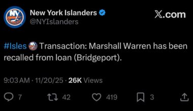 [Islanders] Marshall Warren has been recalled from loan (Bridgeport)