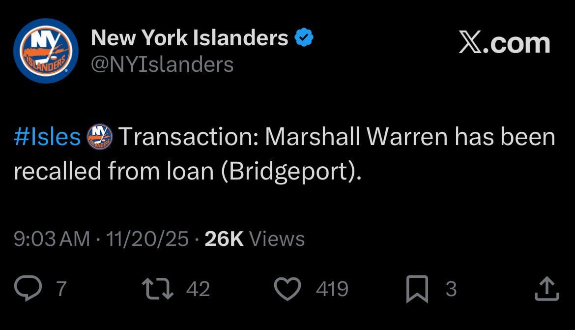 [Islanders] Marshall Warren has been recalled from loan (Bridgeport)