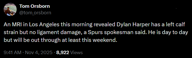 Tom Osborn of San Antonio Express-News has an even more optimistic report of Dylan Harper's calf injury