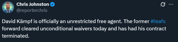 [CJ]: "David Kämpf is officially an unrestricted free agent. The former #leafs forward cleared unconditional waivers today and has had his contract terminated."
