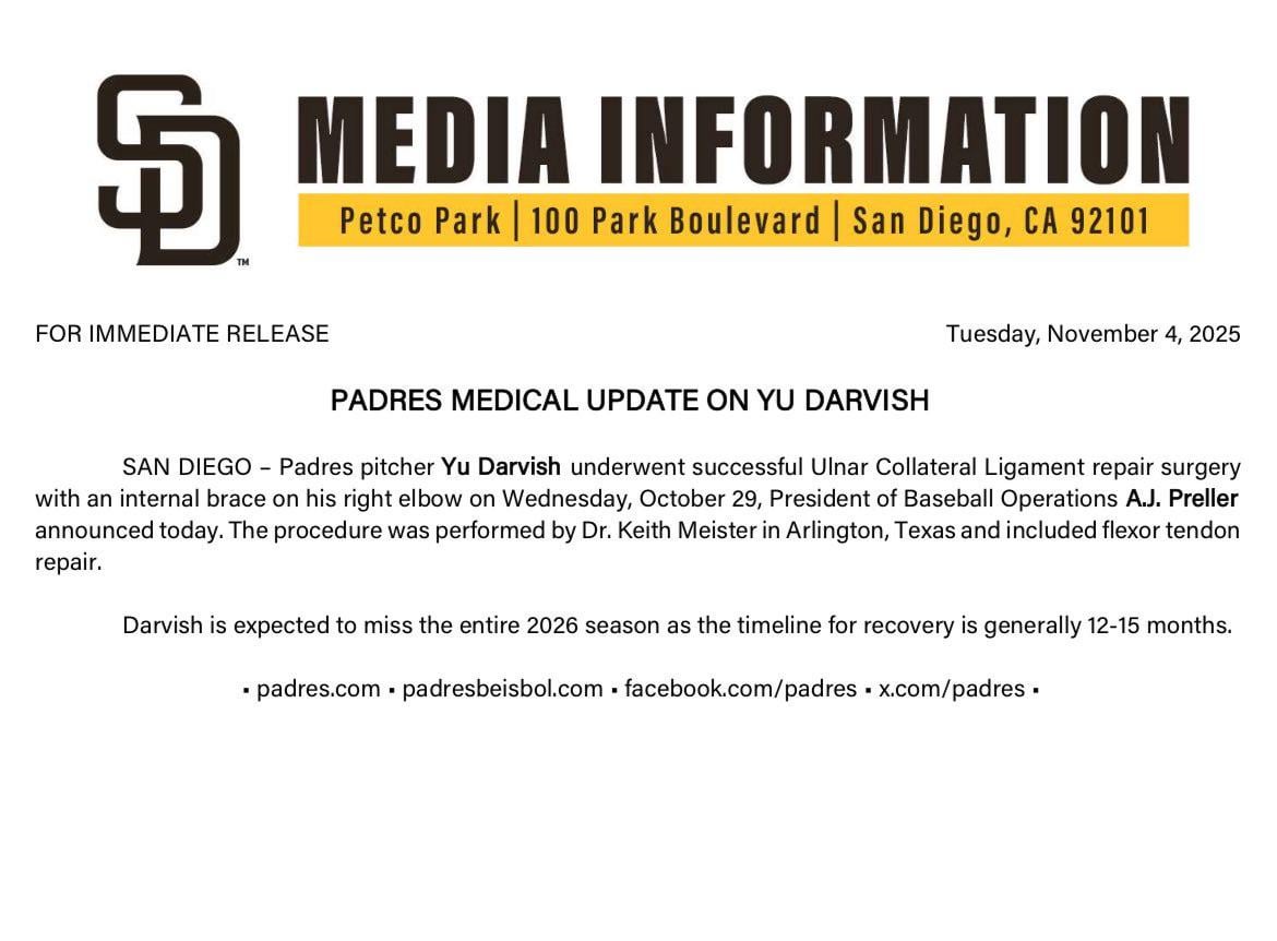 [PadresPR] Darvish is expected to miss the entire 2026 season as the timeline for recovery is generally 12–15 months.