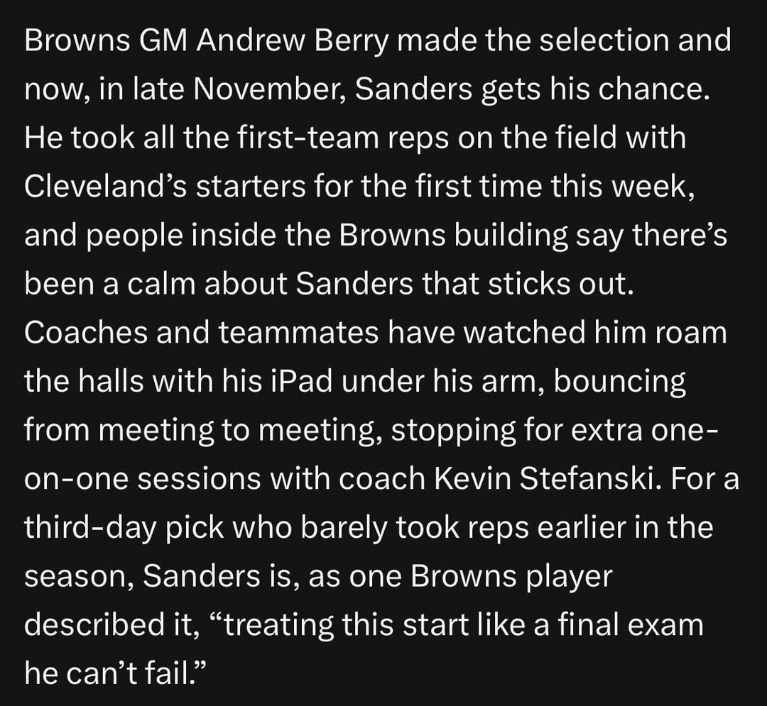 [Russini] Shedeur Sanders has done everything possible to prepare for his first NFL start. People inside the Browns building say there’s been a calm about the rookie that sticks out.