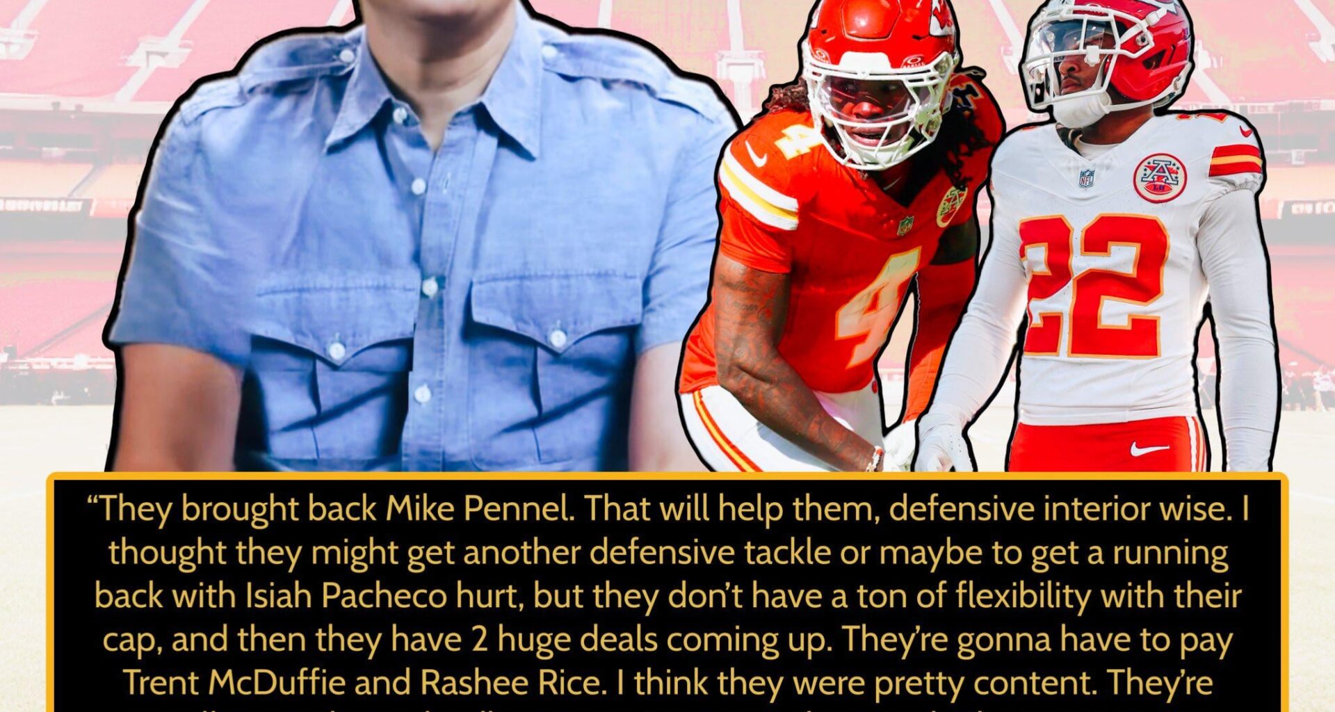 Fox Sports NFL insider Jordan Schultz said he wasn’t surprised with the lack of activity from the Chiefs before the trade deadline due to salary cap limitations. He mentioned the Chiefs are going to have to pay Rashee Rice and Trent McDuffie very soon.
