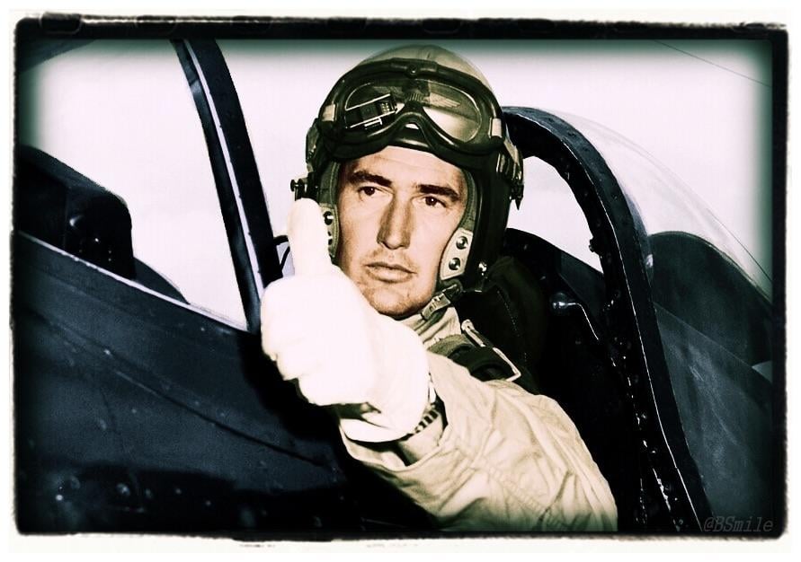 U.S. Marine fighter pilot Ted Williams in the cockpit of his Grumman F9F Panther Jet during the Korean War.