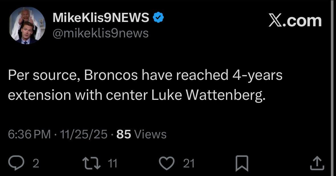 [Klis] Per source, Broncos have reached 4-years extension with center Luke Wattenberg.