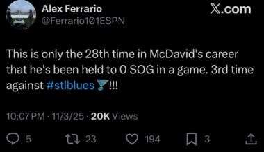 [Ferrario] Last night was only the 28th time in McDavid's career that he's been held to 0 SOG in a game. It was the 3rd time against the Blues.